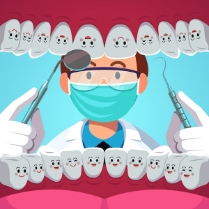 Dentist holding instruments examining teeth. Patient mouth inside view checkup with animated cartoon smiling healthy teeth characters. Teeth examination dentistry concept. Flat vector illustration